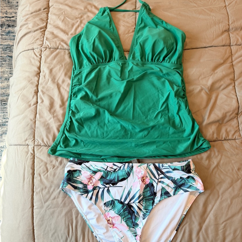 Green Halter Tankini Top with Floral Bikini Bottom
